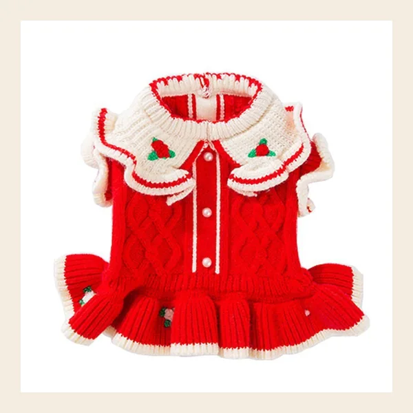 Red Cable-Knit Dress with Ruffle Collar dog sweater, style PK-W18